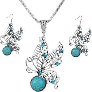 New Womens Turquoise Butterfly Necklace & Earrings Costume Jewelry